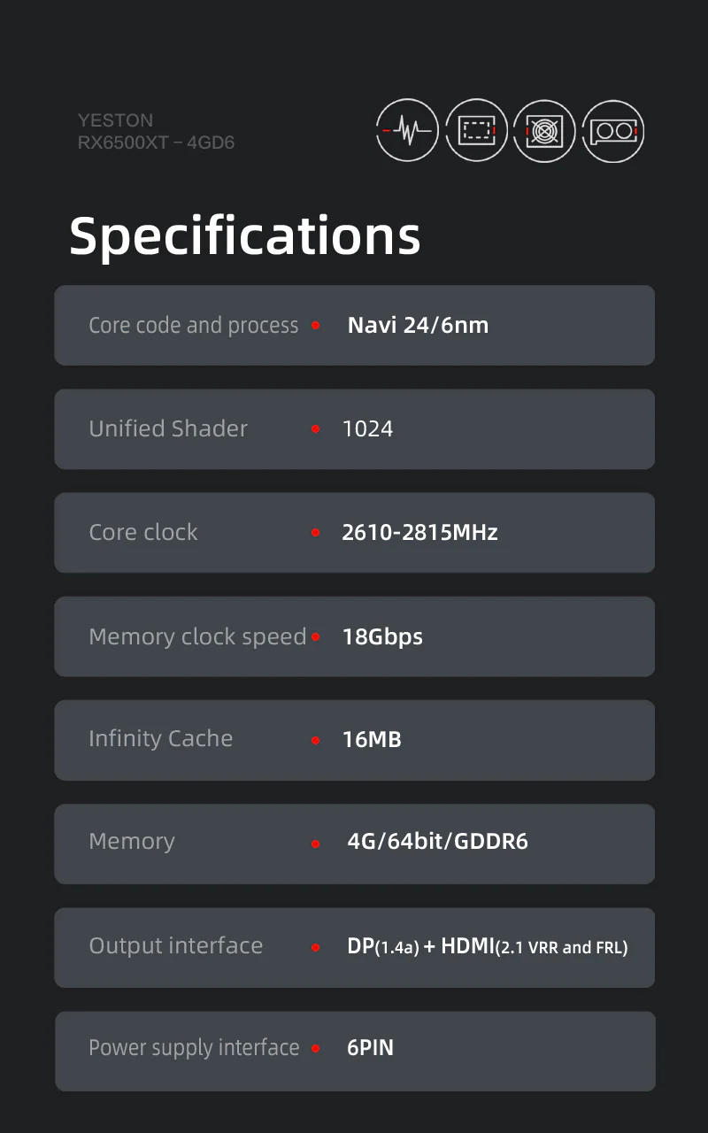 Yeston Radeon RX 6500 XT 4GB D6 GDDR6 6nm video cards Desktop computer PC Video Graphics Card - Image 4